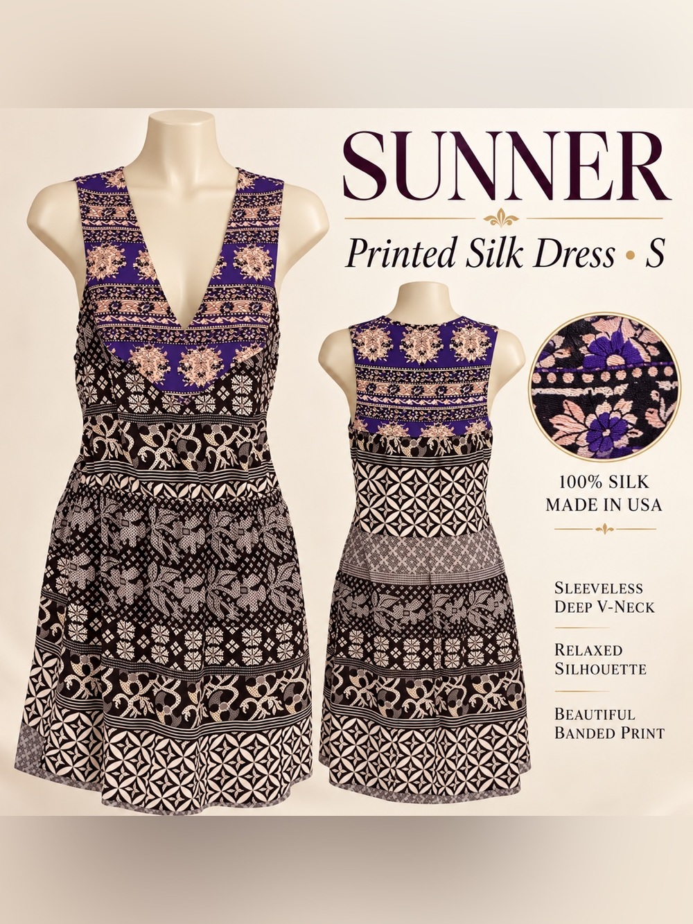 SUNNER 100% Silk Printed Mini Dress S | Deep V • Made in USA